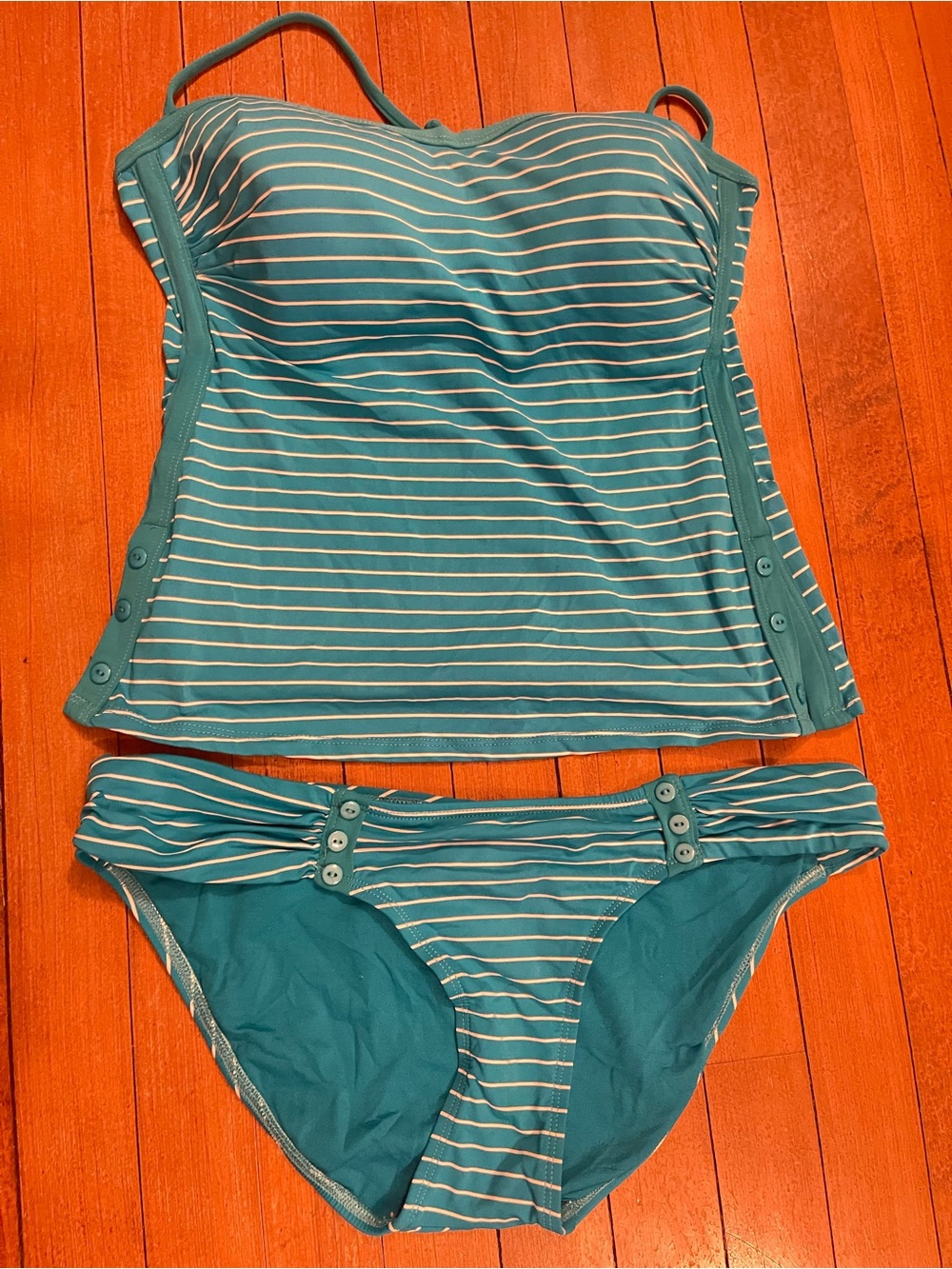 Robin Piccone Teal and White Striped Tankini Set